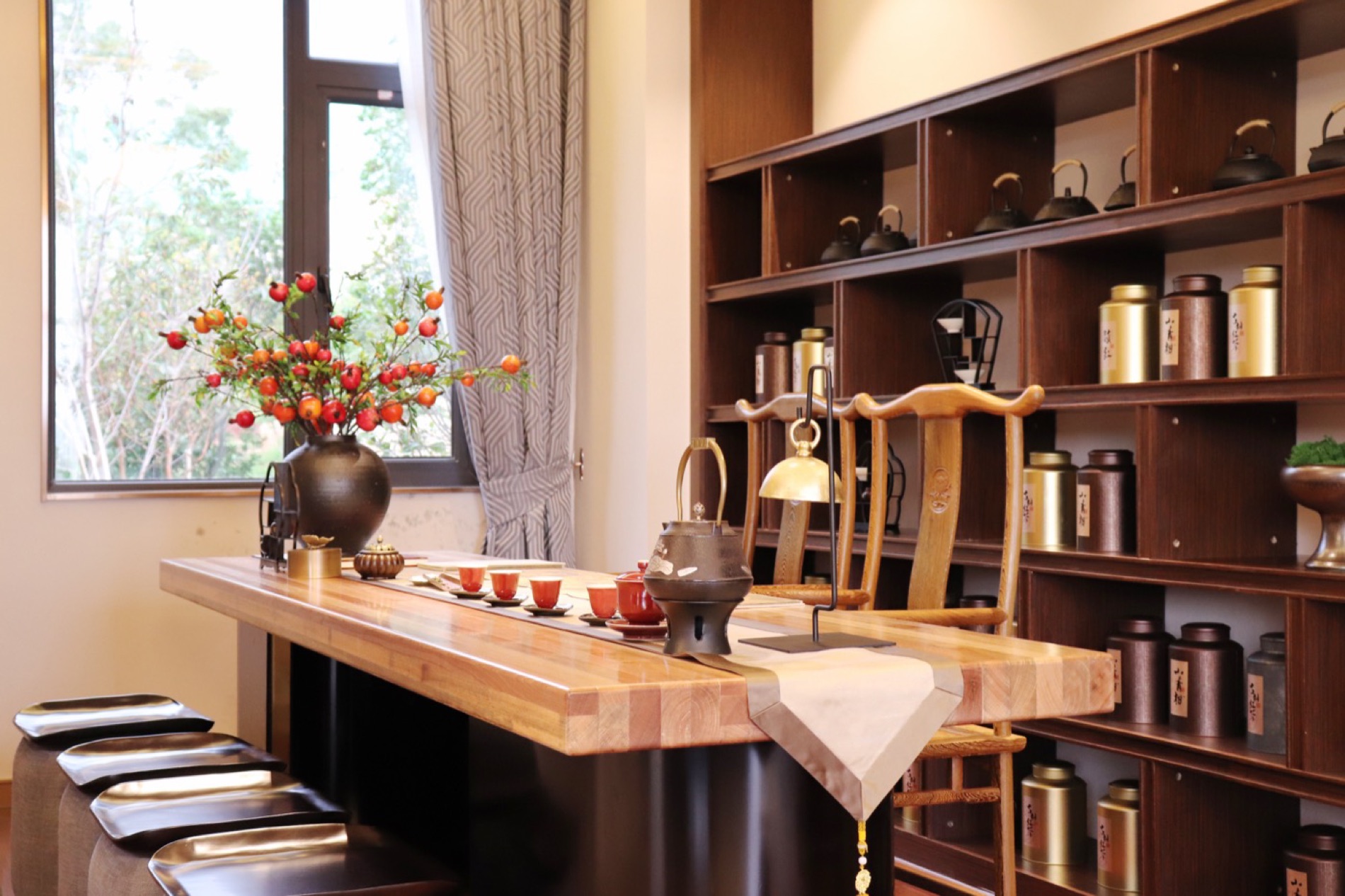 Solid timber counter and display shelving in the tea room