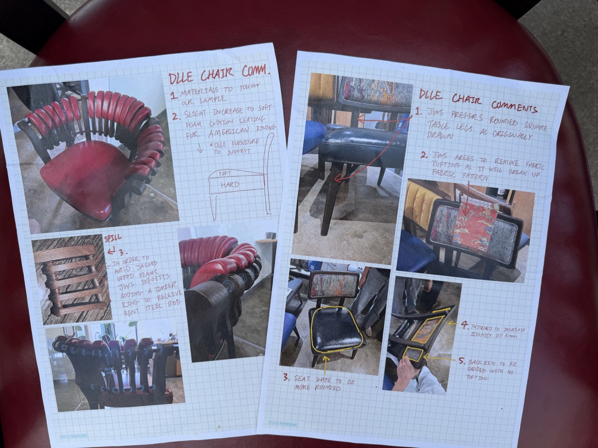 Sample chair and finish cards presented to client